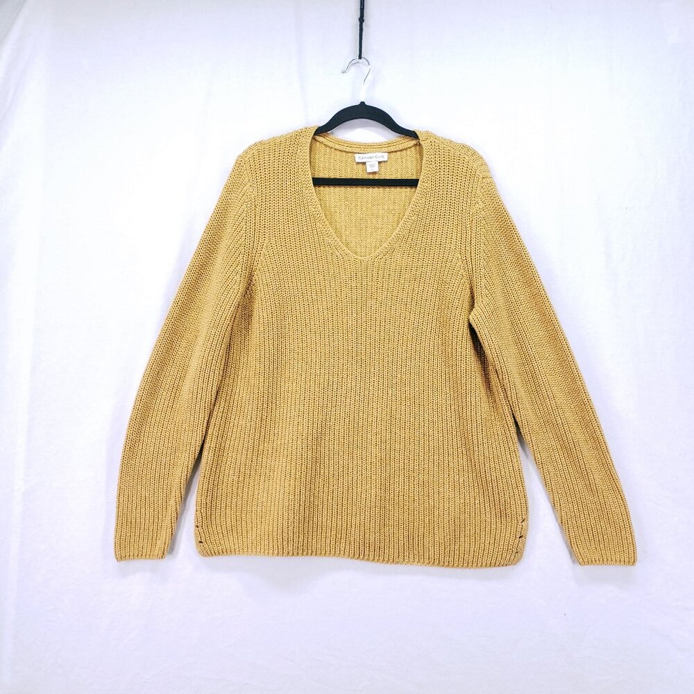Coldwater Creek Mustard Yellow Knit Relaxed V Neck Fall Sweater Size L